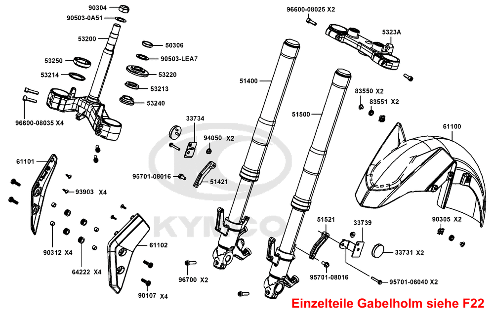 Gabelholm, Gabelbrücke, Lenkkopflager & Kotflügel