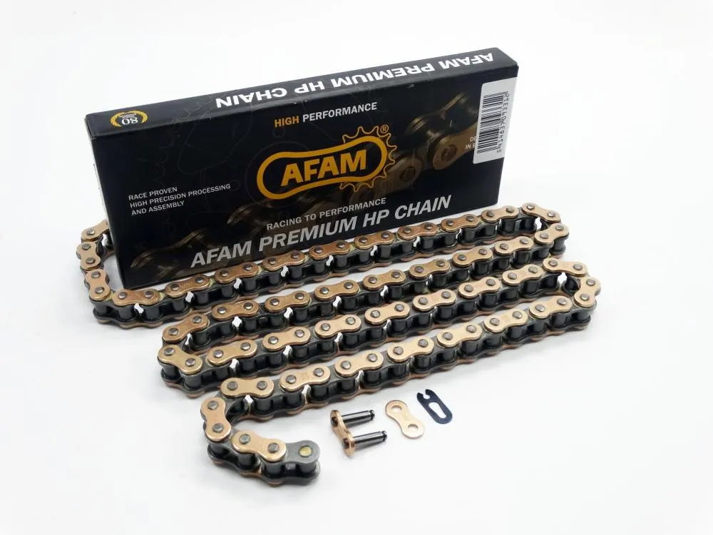 _Ebay_20neu_202014AfamKettenAfam_20Kette_20A428MX4_G AFAM MX-G Kette 428 gold-schwarz - 122 Glieder - Clip Schloß - Motocross