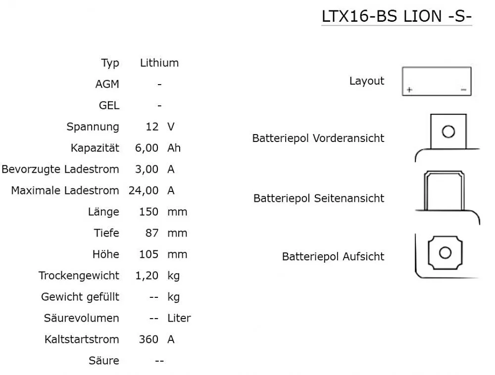 Shido LTX16-BS Lithium Ionen Batterie 12V LiFePO4 (YTX16-BS)