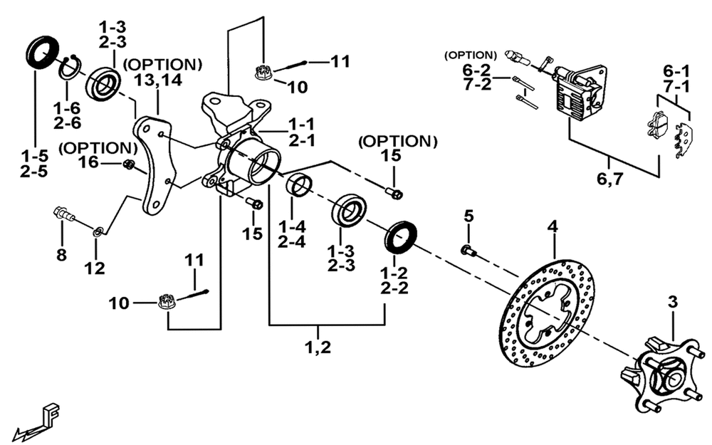 Bremssattel, Bremsscheibe & Achsschenkel vorne (REAR DIFF. W/ LOCK OR W/ABS) Bremssattel, Bremsscheibe & Achsschenkel vorne (REAR DIFF. W/ LOCK OR W/ABS)